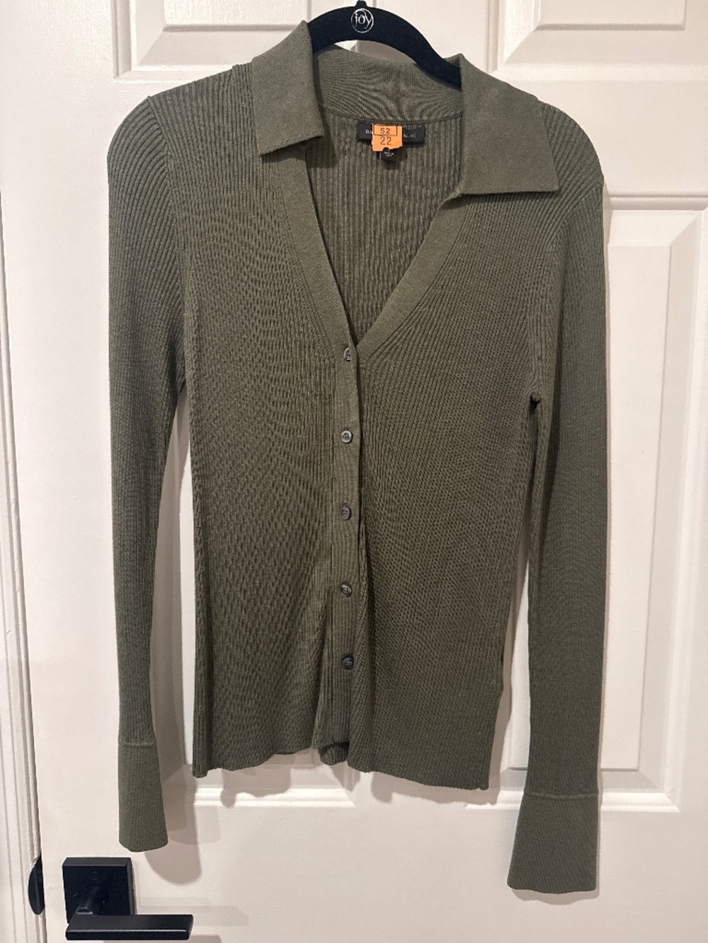Ribbed olive green V-neck button sweater- Small